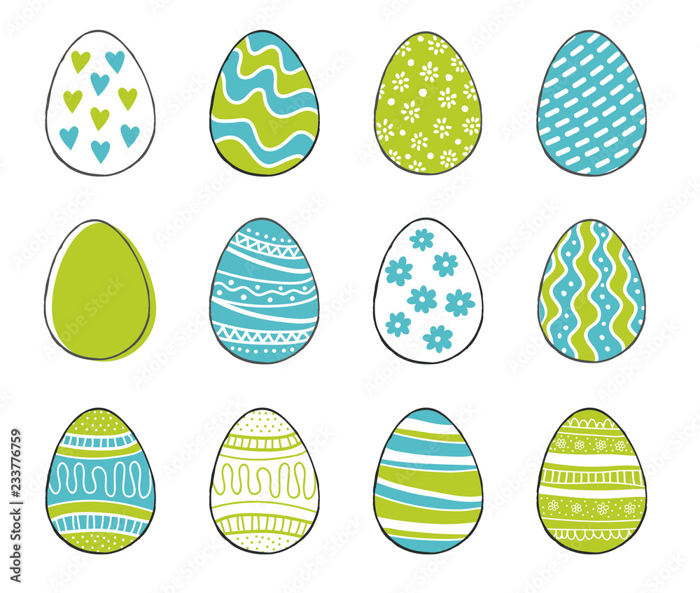 Happy Easter greeting templates card colors blue and green with hand drawn modern eggs. Vector illustration. 