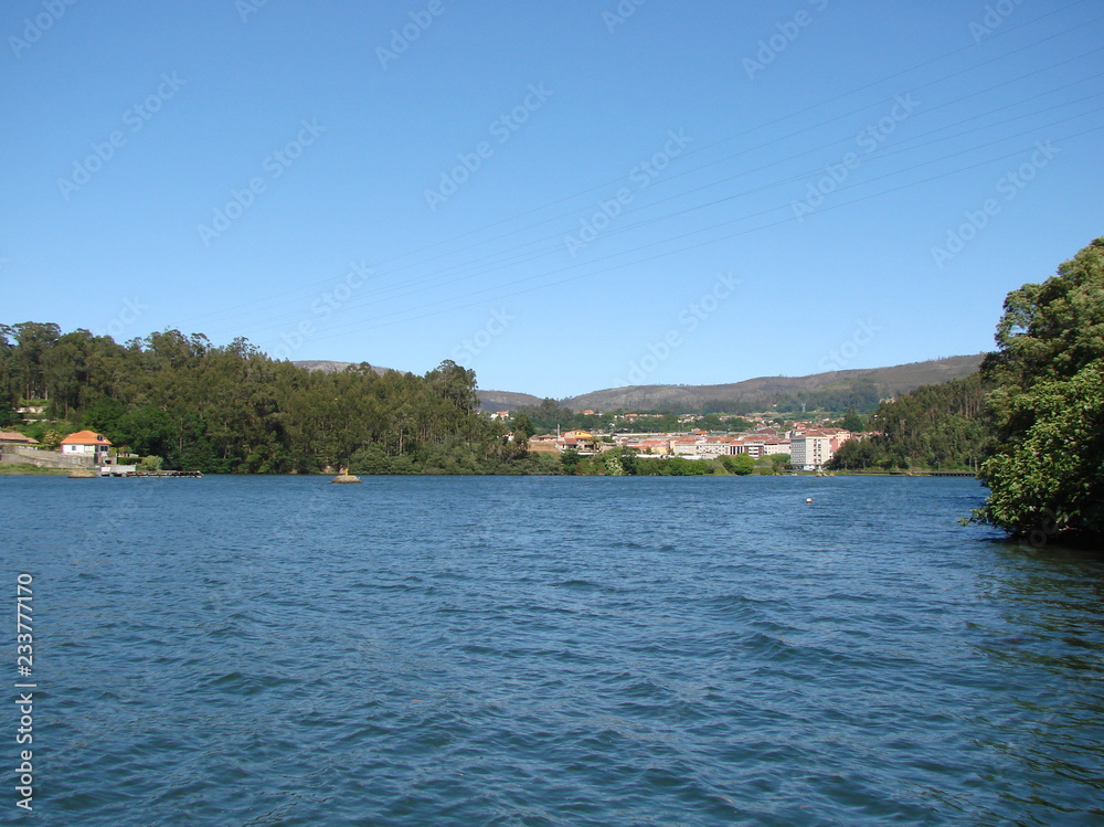 Panorama of a small town on the shore of an oceanic bay and surrounded by dense forest on a clear, sunny day.