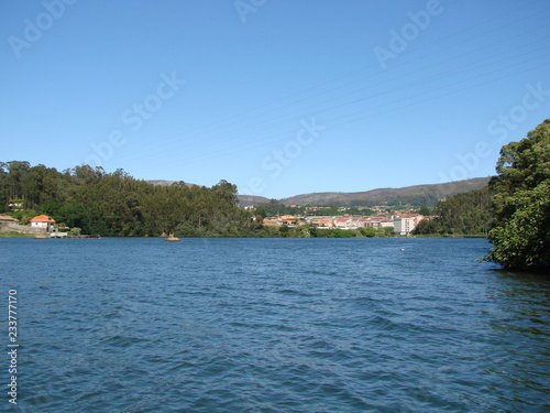 Panorama of a small town on the shore of an oceanic bay and surrounded by dense forest on a clear, sunny day. © Hennadii