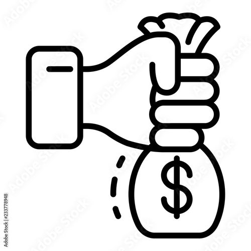 Hand take bribery money bag icon. Outline hand take bribery money bag vector icon for web design isolated on white background