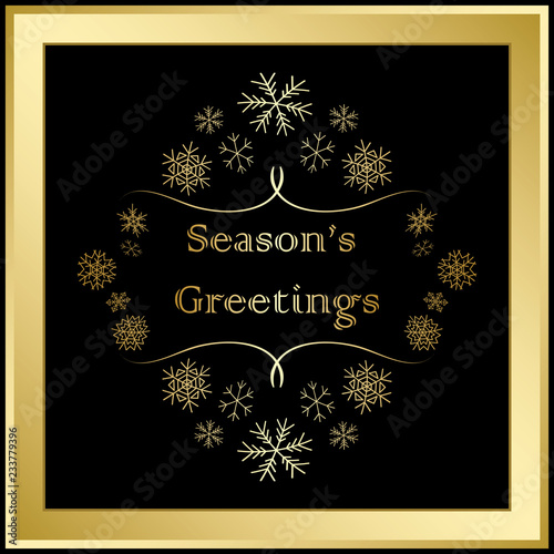 season greetings - vector greeting card with snowflakes and gold frame