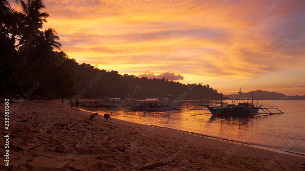 Outstanding light at sunset on the beach of the tropical remote fishing village of Port Barton in Philippines, with bobbing boats on water.  Long exposure to create soft effect 
