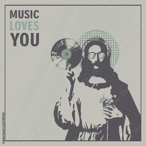 jesus disk jockey with music plate and glass