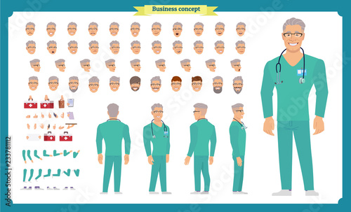 Front, side, back view animated character. Doctor character creation set with various views, face emotions, hairstyles, poses and gestures. Cartoon style, flat vector Isolated.Male dentists