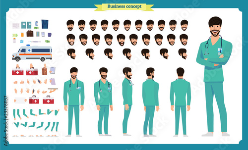 Front, side, back view animated character. Doctor character creation set with various views, face emotions, hairstyles, poses and gestures. Cartoon style, flat vector Isolated.Male dentists