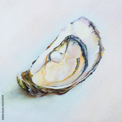 Artwork of fresh oyster. Oil painting on canvas of raw fresh oyster. Restaurant delicacy. Illustration of saltwater oyster.