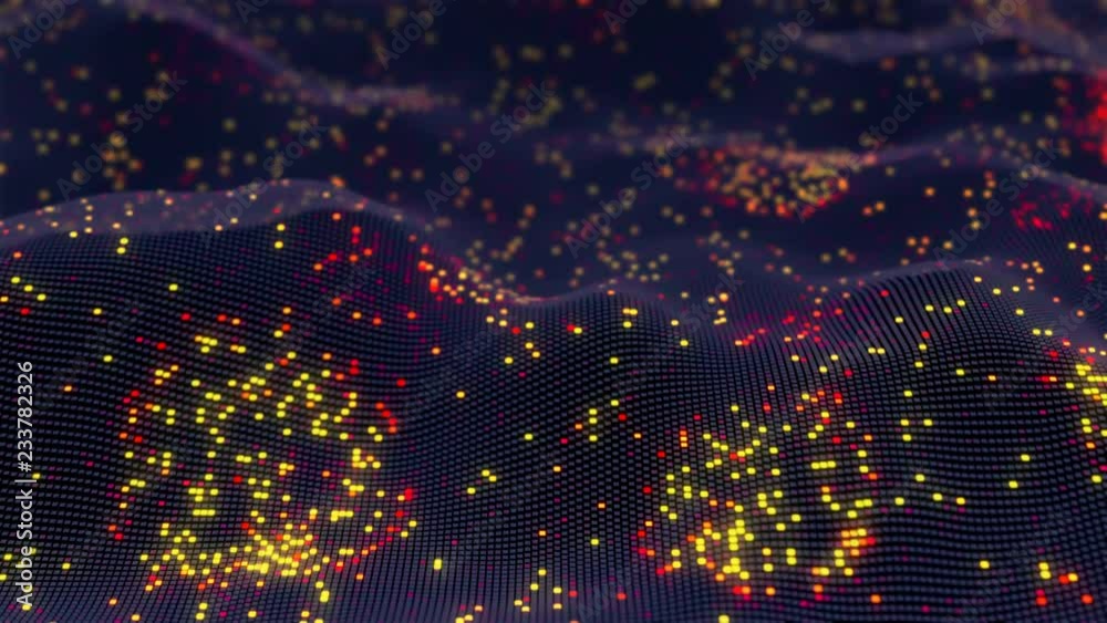 Abstract futuristic glowing virtual neural network seamless 3D animation. Coding, Blockchain Cryptocurrency network or Artificial Intelligence concept. Bright light bursts on a digital grid. DOF 4K