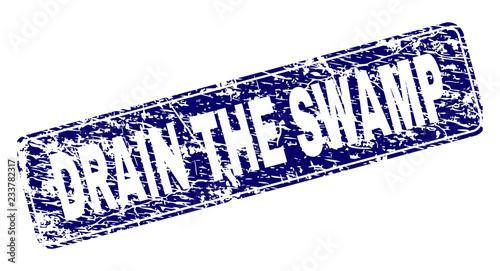 DRAIN THE SWAMP stamp seal print with distress style. Seal shape is a rounded rectangle with frame. Blue vector rubber print of DRAIN THE SWAMP title with scratched style.