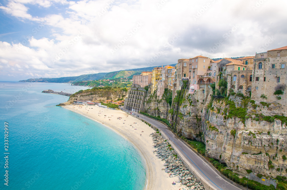 Tropea town colorful stone buildings on top of cliff, Calabria, Italy