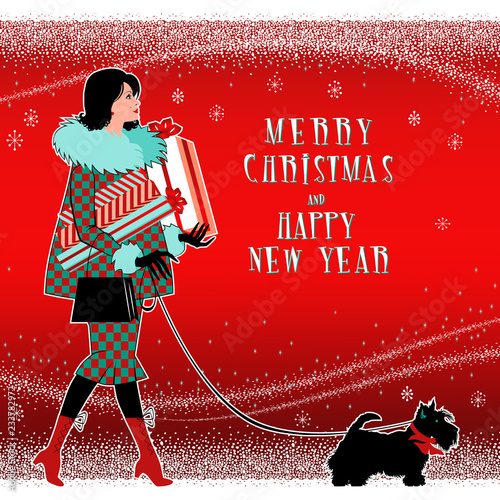 Girl with Christmas gifts and a small dog.