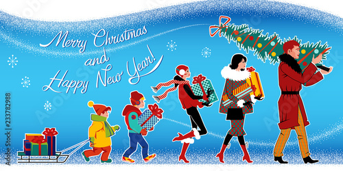 Family with three children with Christmas gifts, Christmas tree and sled.