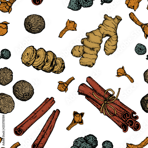 Seamless pattern with traditional pumpkin spices on white background.