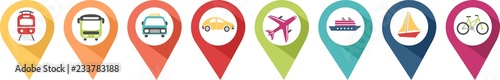 Pictograms of transport vehicles in coloured pins to locate a location