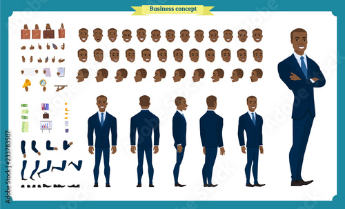 People character business set. Front, side, back view animated character. Black american Businessman character creation set.simple, face emotions, poses and gestures.flat isolated vector
