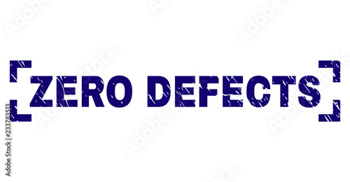 ZERO DEFECTS text seal imprint with grunge texture. Text title is placed between corners. Blue vector rubber print of ZERO DEFECTS with grunge texture.