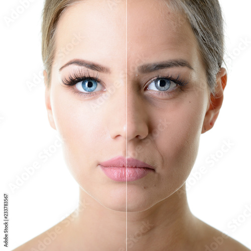Anti-aging concept. Portrait of beautiful woman with problem and clean skin. Aging and youth concept. Beauty treatment.
