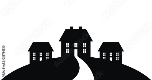Silhouette of three houses with a path to the entrance. Vector black icon.
