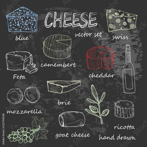Hand drawn various sorts of cheese. Colored graphic vector set. All elements are isolated. Chalkboard style. Black background