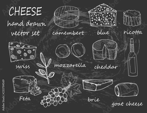 Hand drawn various sorts of cheese. Graphic vector set. All elements are isolated. Chalkboard style. Black background