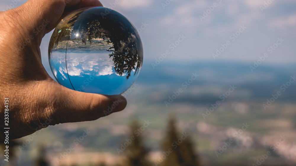 Crystal ball landscape shot at Hohenbogen summit - Bavaria - Germany Crystal ball landscape shot at Hohenbogen summit - Bavaria - Germany