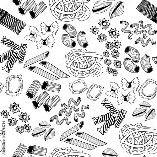 Hand drawn various sorts and shapes of pasta. Graphic vector seamless pattern