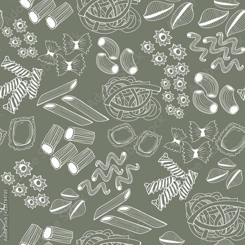 Hand drawn various sorts and shapes of pasta. Graphic vector seamless pattern. White elements, green background