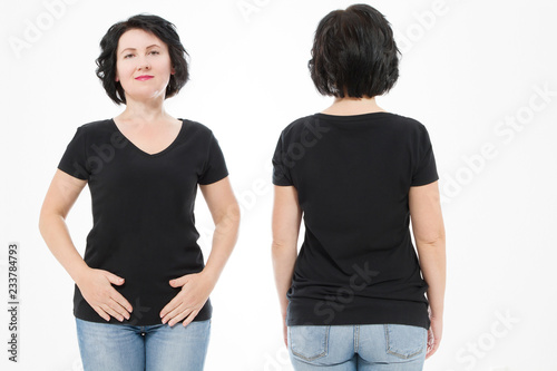 Women black blank t shirt, front and back rear view isolated on white background. Template shirt, copy space and mock up for print design.