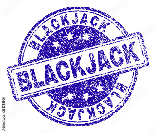 BLACKJACK stamp seal imprint with distress texture. Designed with rounded rectangles and circles. Blue vector rubber print of BLACKJACK title with grunge texture.
