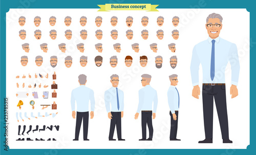 Business casual fashion. Front, side, back view animated character. Manager character constructor with various views, hairstyles, face emotions, poses and gestures.flat vector