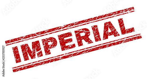 IMPERIAL seal watermark with distress texture. Red vector rubber print of IMPERIAL caption with unclean texture. Text caption is placed between double parallel lines.