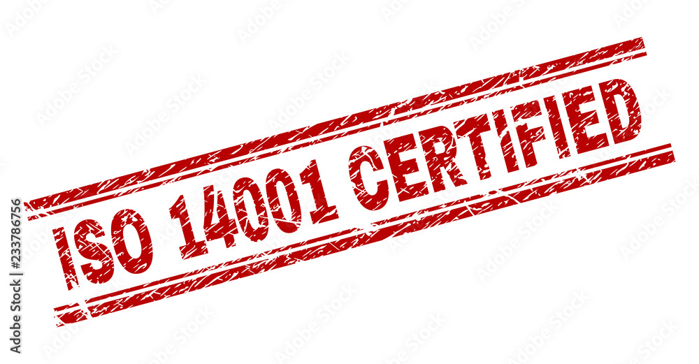ISO 14001 CERTIFIED seal imprint with corroded effect. Red vector rubber print of ISO 14001 CERTIFIED caption with corroded texture. Text caption is placed between double parallel lines. ISO 14001 CERTIFIED seal imprint with corroded effect. Red vector rubber print of ISO 14001 CERTIFIED caption with corroded texture. Text caption is placed between double parallel lines.