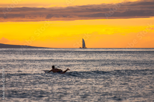 Maui Orange Sunset Sailboat and Surfer