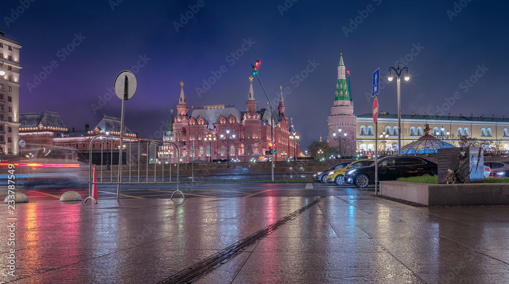 Moscow. November 10, 2018. Night. View from Mokhovaya Street after the rain. Historical Museum, the Manege, the Kremlin wall, the Arsenal Tower and Monument to victims of the terrorist attack