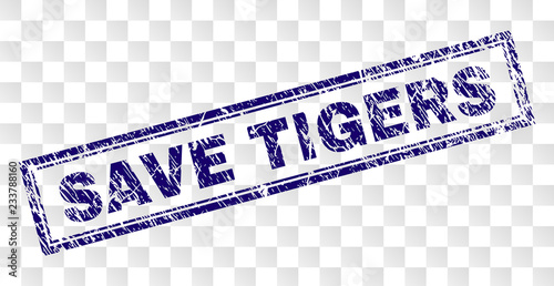 SAVE TIGERS stamp seal imprint with rubber print style and double framed rectangle shape. Stamp is placed on a transparent background.