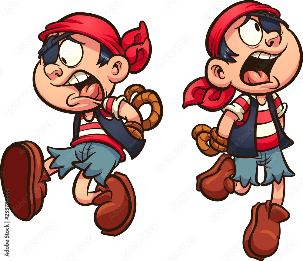 Pirate boy falling with hands tied behind back. Vector clip art illustration with simple gradients. Each on a separate layer. Pirate boy falling with hands tied behind back. Vector clip art illustration with simple gradients. Each on a separate layer.