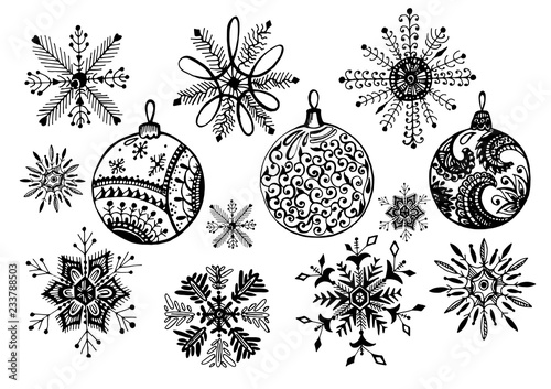 Set of doodle christmas snowflake and balls