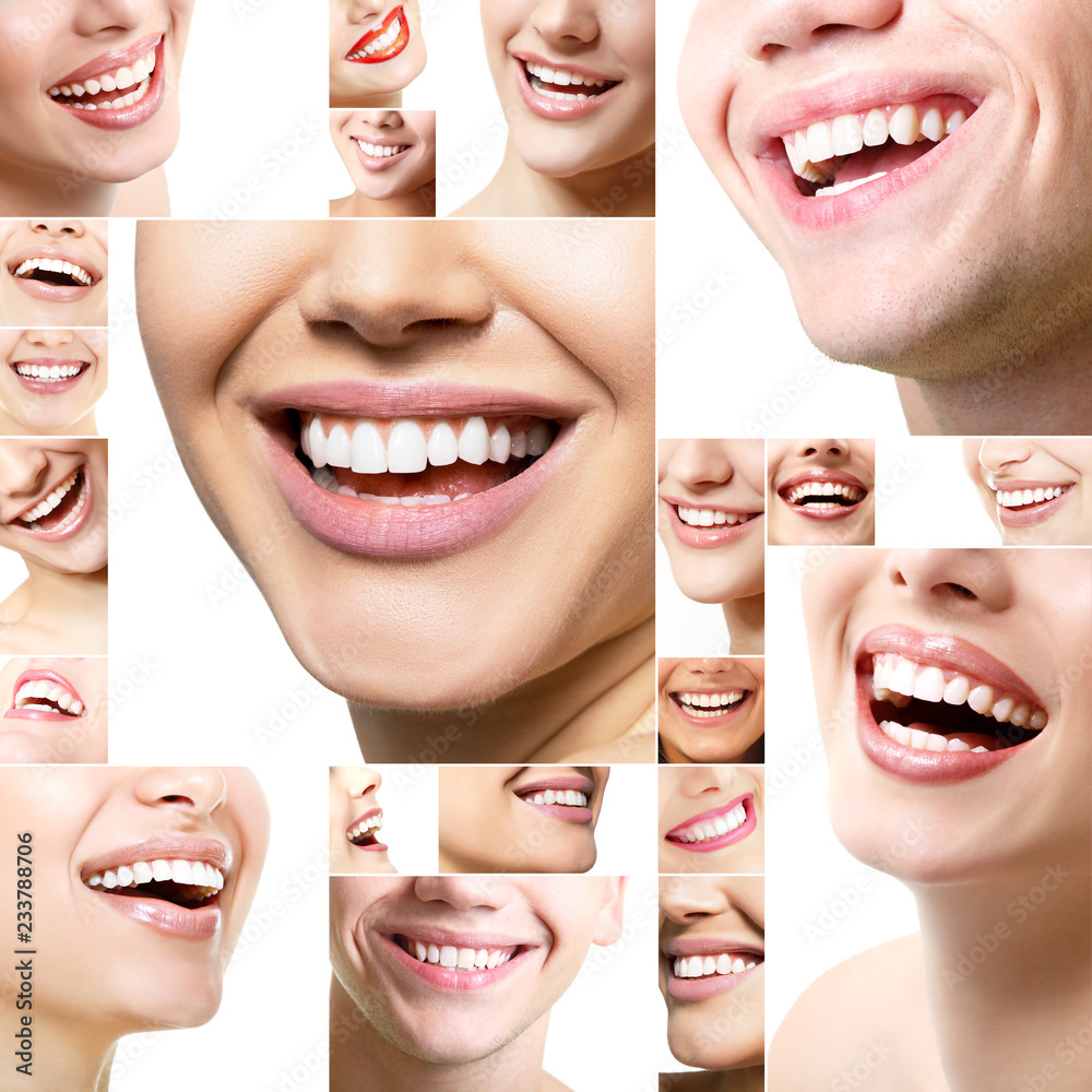 Naklejka premium Idealne uśmiechy. Kolekcja pięknych, szerokich ludzkich uśmiechów z wielkimi, zdrowymi, białymi zębami
