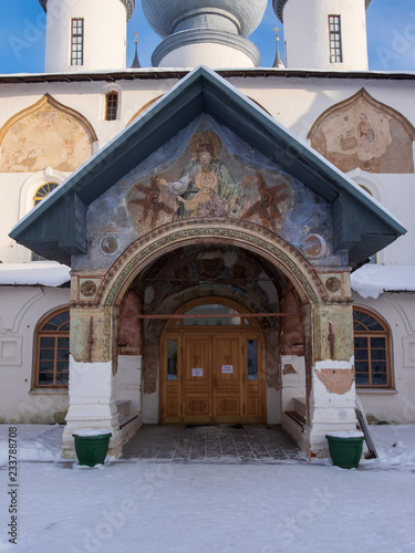 Historical and tourist places and cities of Russia. Tikhvin Monastery. Assumption Cathedral of the Tikhvin Monastery. Fragment of architecture. Old frescoes. City Tikhvin. Leningrad region.
