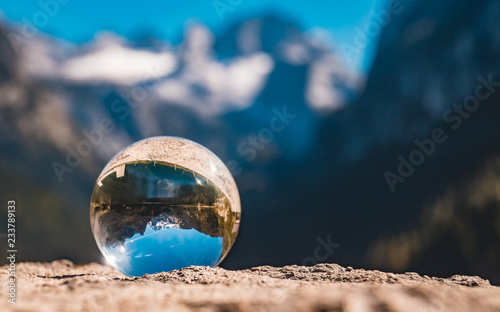 Fototapeta Naklejka Na Ścianę i Meble -  Crystal ball alpine landscape shot at the famous Gosausee-Salzburg-Austria