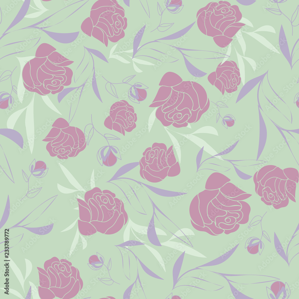 Vector Pastel Green Rose Vine Background Seamless Pattern