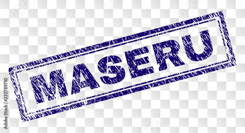 MASERU stamp seal print with rubber print style and double framed rectangle shape. Stamp is placed on a transparent background. Blue vector rubber print of MASERU tag with unclean texture.