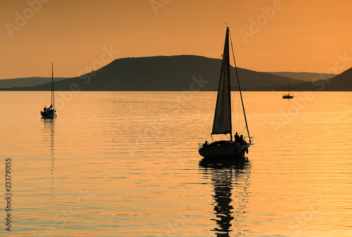 Sailing boats on Lake Balaton at sunset
