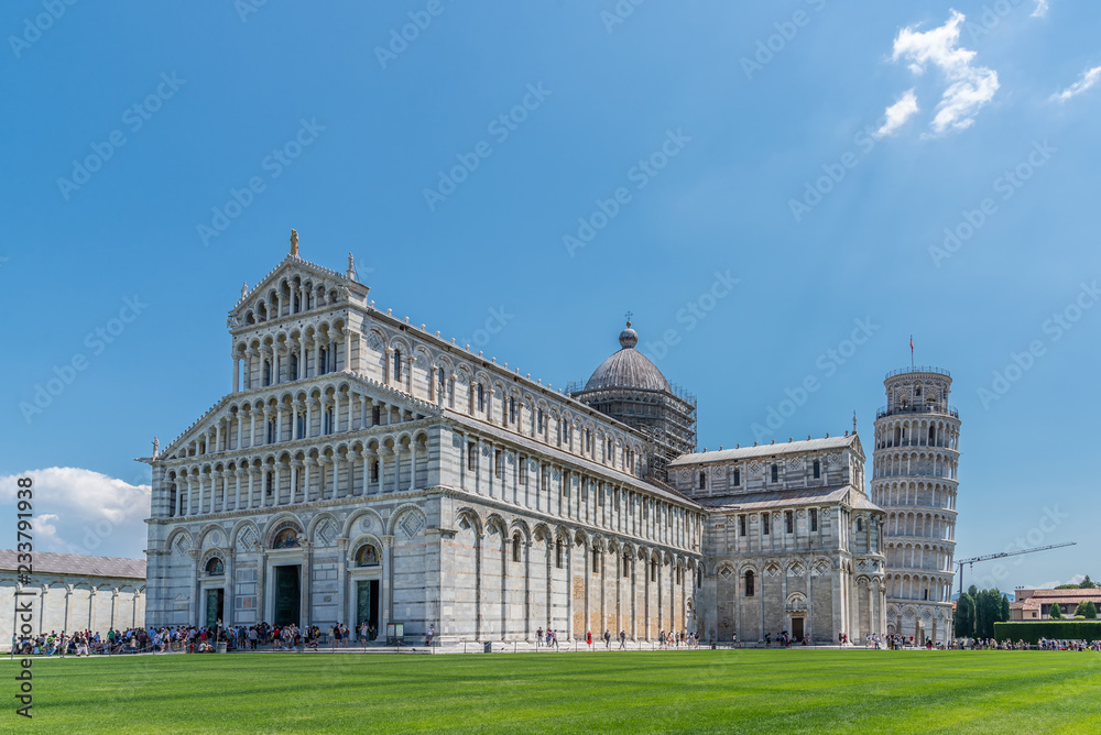 Big cathedral on famous square in Pisa with Leaning Tower