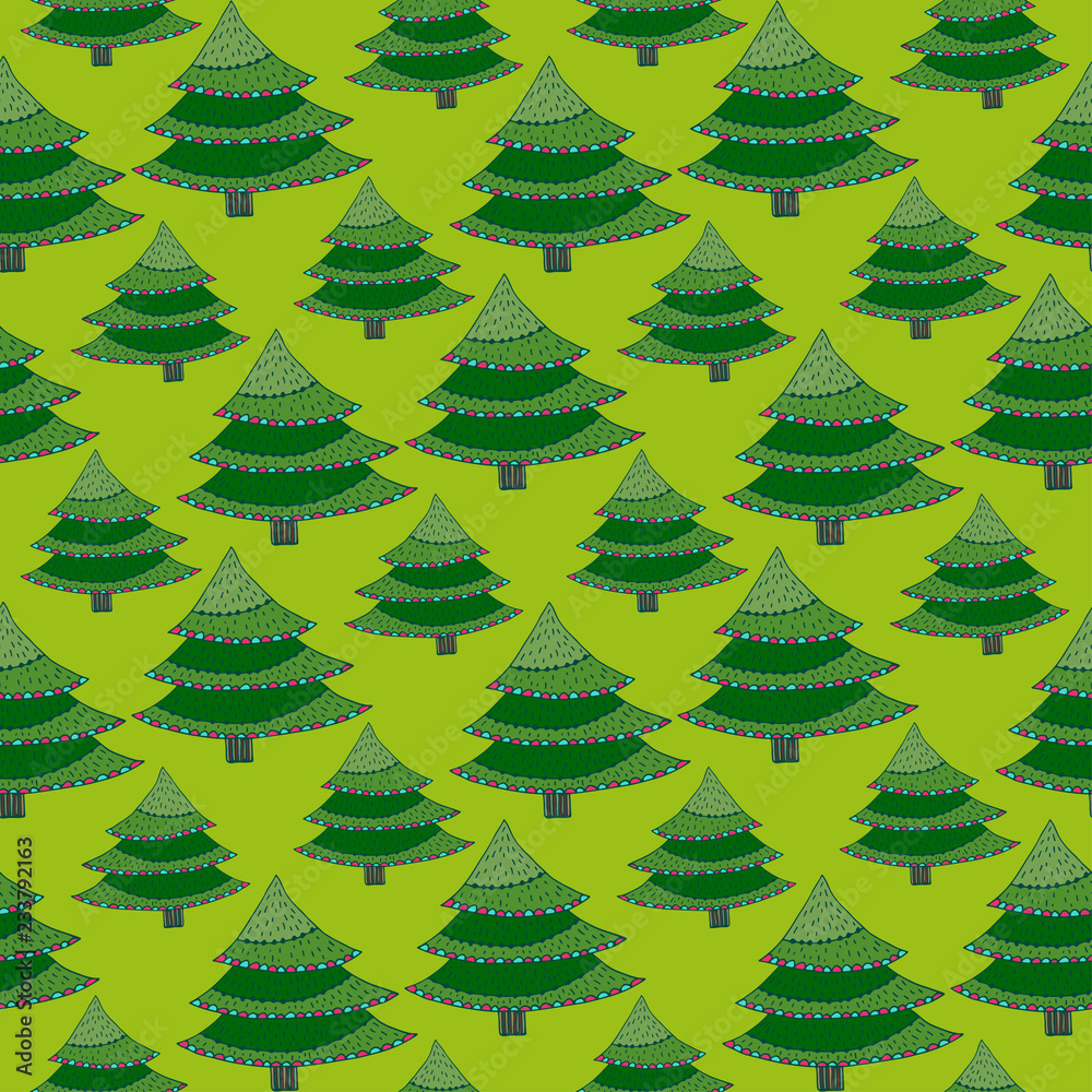 Obraz premium Cartoon Trees Seamless pattern. Christmas tree design. Green pattern for celebration wrapping paper.