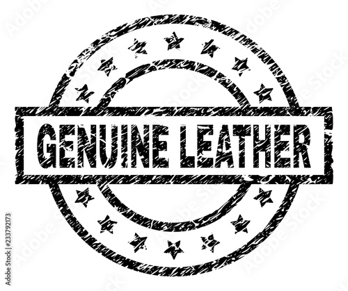 GENUINE LEATHER stamp seal watermark with distress style. Designed with rectangle, circles and stars. Black vector rubber print of GENUINE LEATHER label with retro texture.