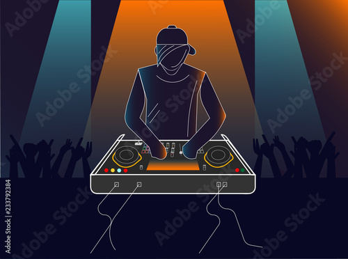 Dj man with EDM mixing and producing machine instrument under colorful club light in night club