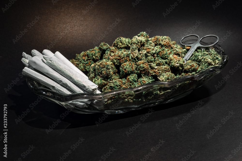 Classy glass dish with marijuana bud, scissors and a dozen joints on black with spot lighting