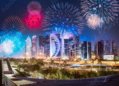Beautiful fireworks above West Bay and Doha City, Qatar