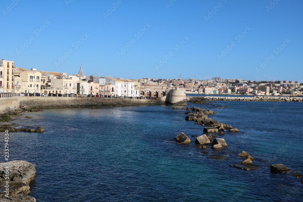 Coast of Ortigia Island of Syracuse at the Mediterranean Sea, Sicily Italy