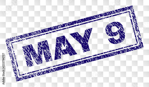 MAY 9 stamp seal print with scratched style and double framed rectangle shape. Stamp is placed on a transparent background. Blue vector rubber print of MAY 9 caption with unclean texture.